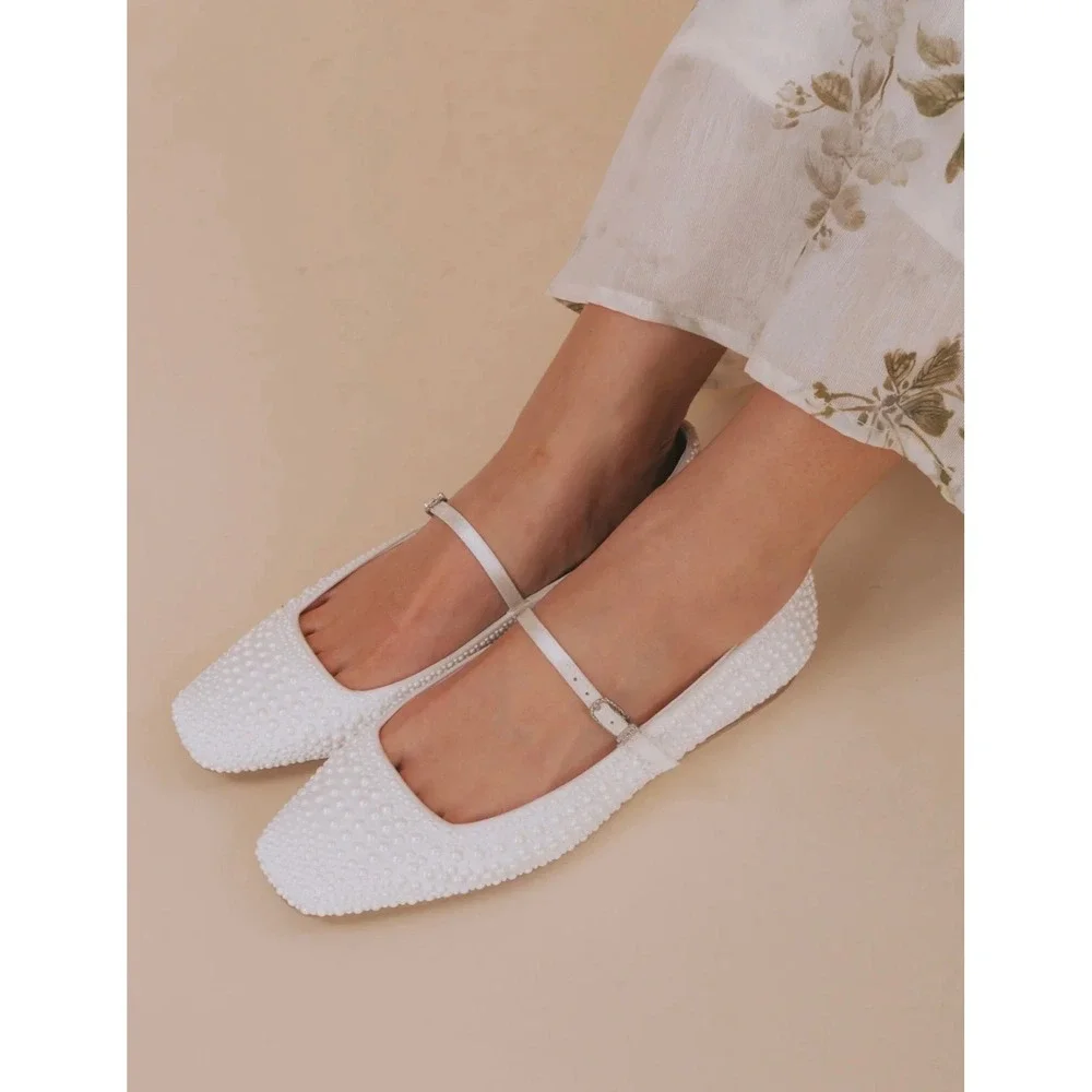 Dolce Vita 9.5 Womens Satin Reyes Pearl Strappy Mary Jane Ballet Flats